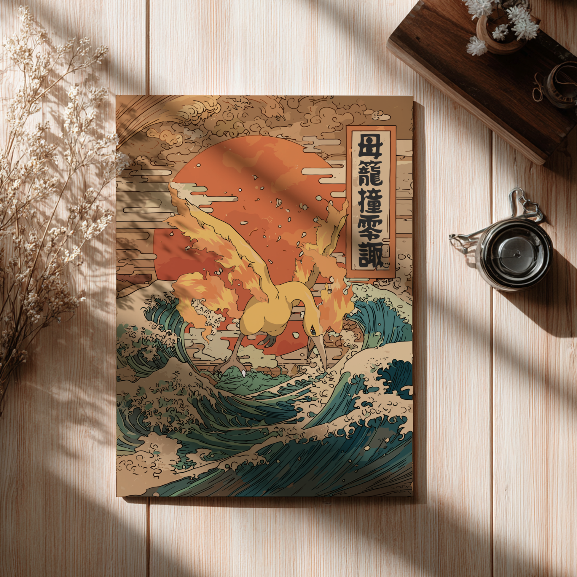 Poster with a Moltres Pokemon design on a wooden surface