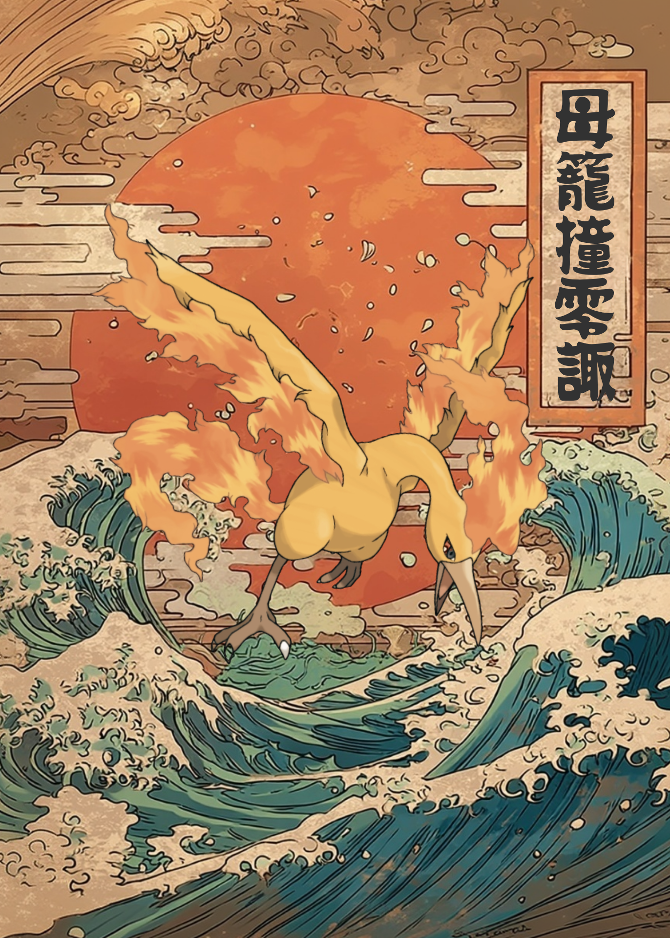 Vintage-style illustration of Moltres Pokemon on waves with a red sun and Japanese text.