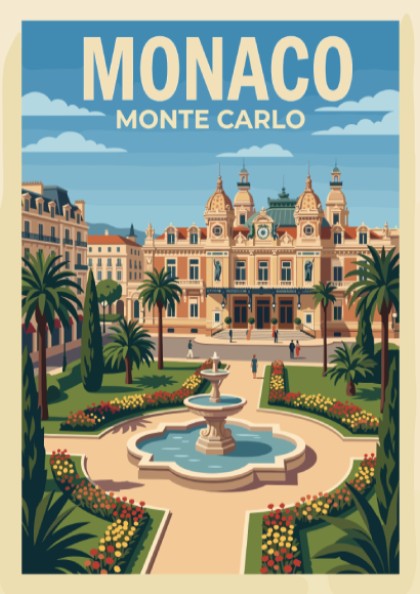 Monaco Monte Carlo travel poster featuring the iconic casino building, fountain, and palms.