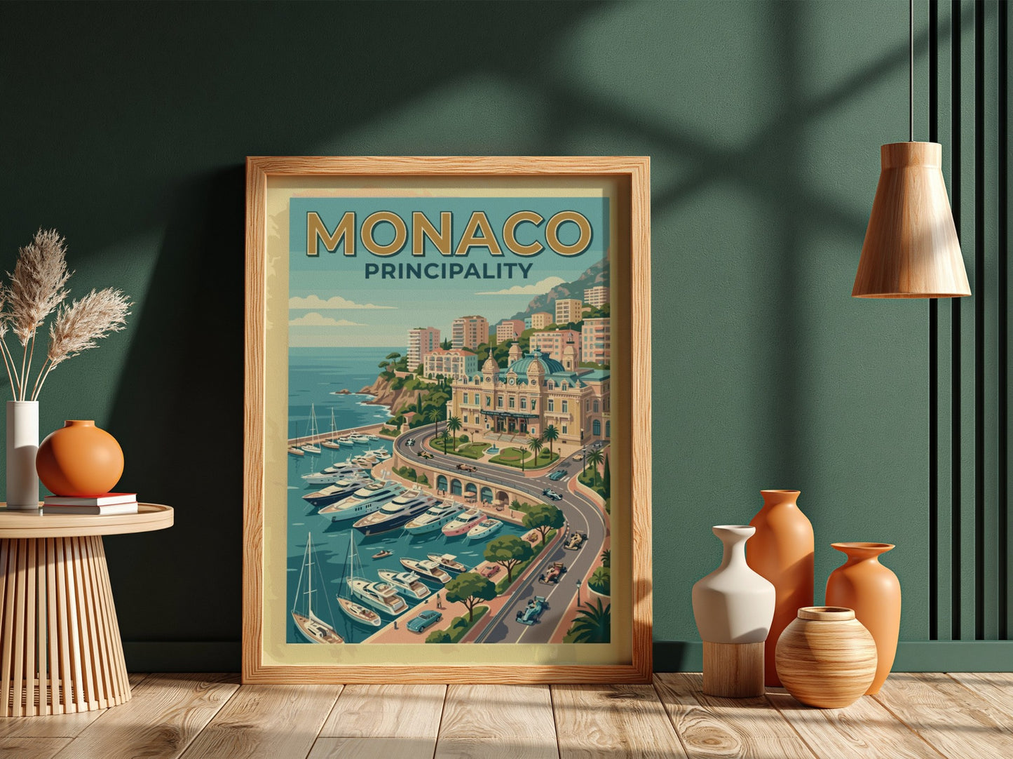Travel poster of Monaco Principality featuring luxury yachts in a harbour and race cars.