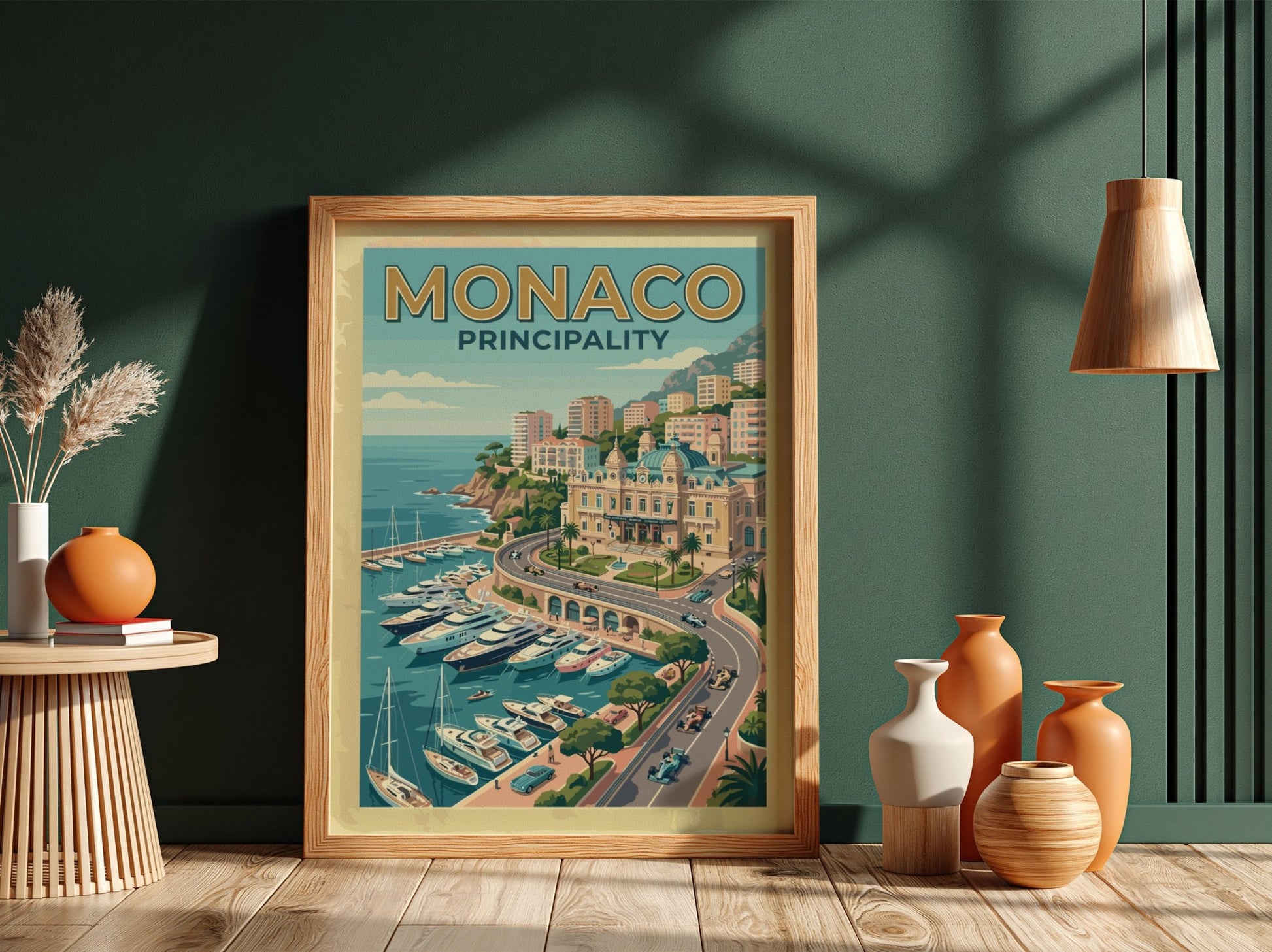 Travel poster of Monaco Principality featuring luxury yachts in a harbour and race cars.