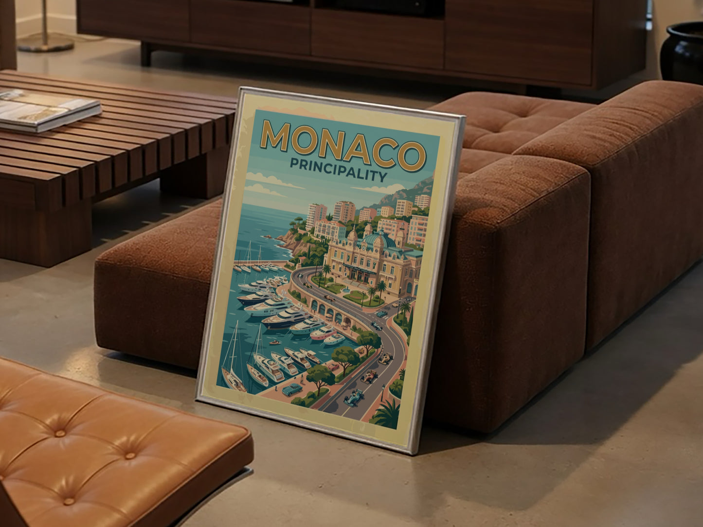 Travel poster of Monaco Principality featuring luxury yachts in a harbour and race cars.