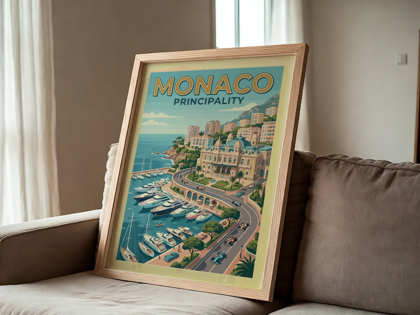 Travel poster of Monaco Principality featuring luxury yachts in a harbour and race cars.