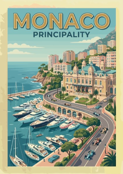 Travel poster of Monaco Principality featuring luxury yachts in a harbour and race cars.