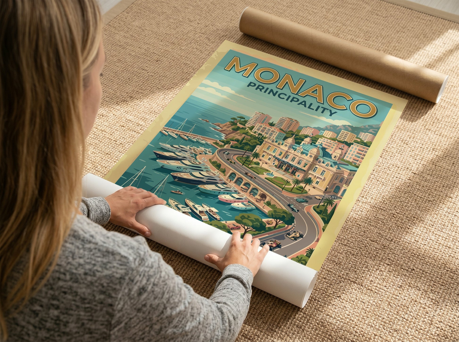 Travel poster of Monaco Principality featuring luxury yachts in a harbour and race cars.