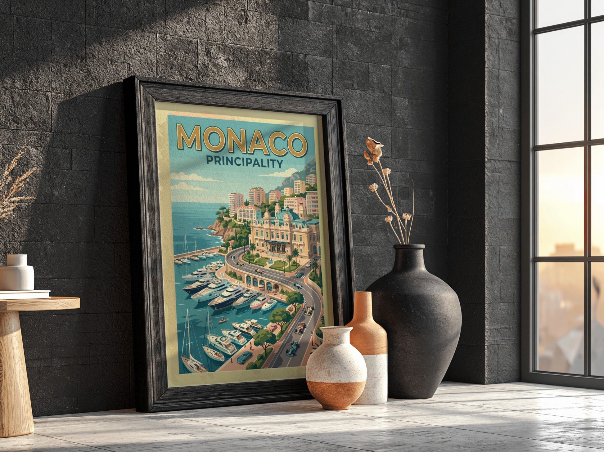 Travel poster of Monaco Principality featuring luxury yachts in a harbour and race cars.