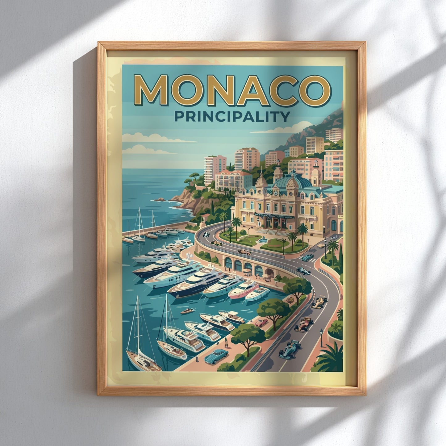 Travel poster of Monaco Principality featuring luxury yachts in a harbour and race cars.