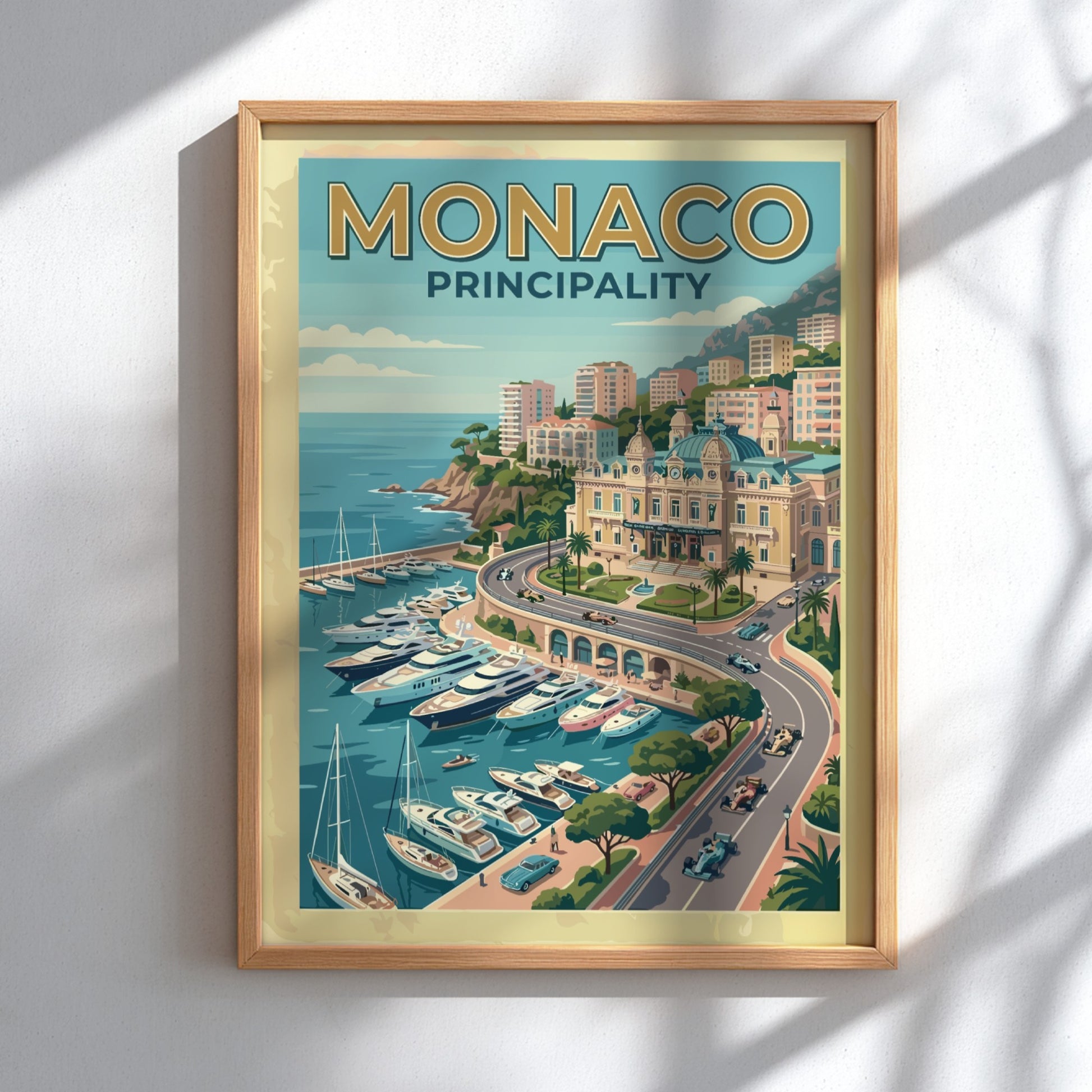 Travel poster of Monaco Principality featuring luxury yachts in a harbour and race cars.