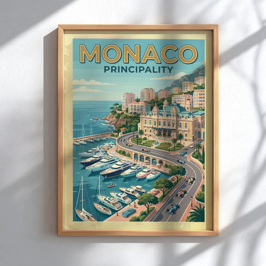 Travel poster of Monaco Principality featuring luxury yachts in a harbour and race cars.