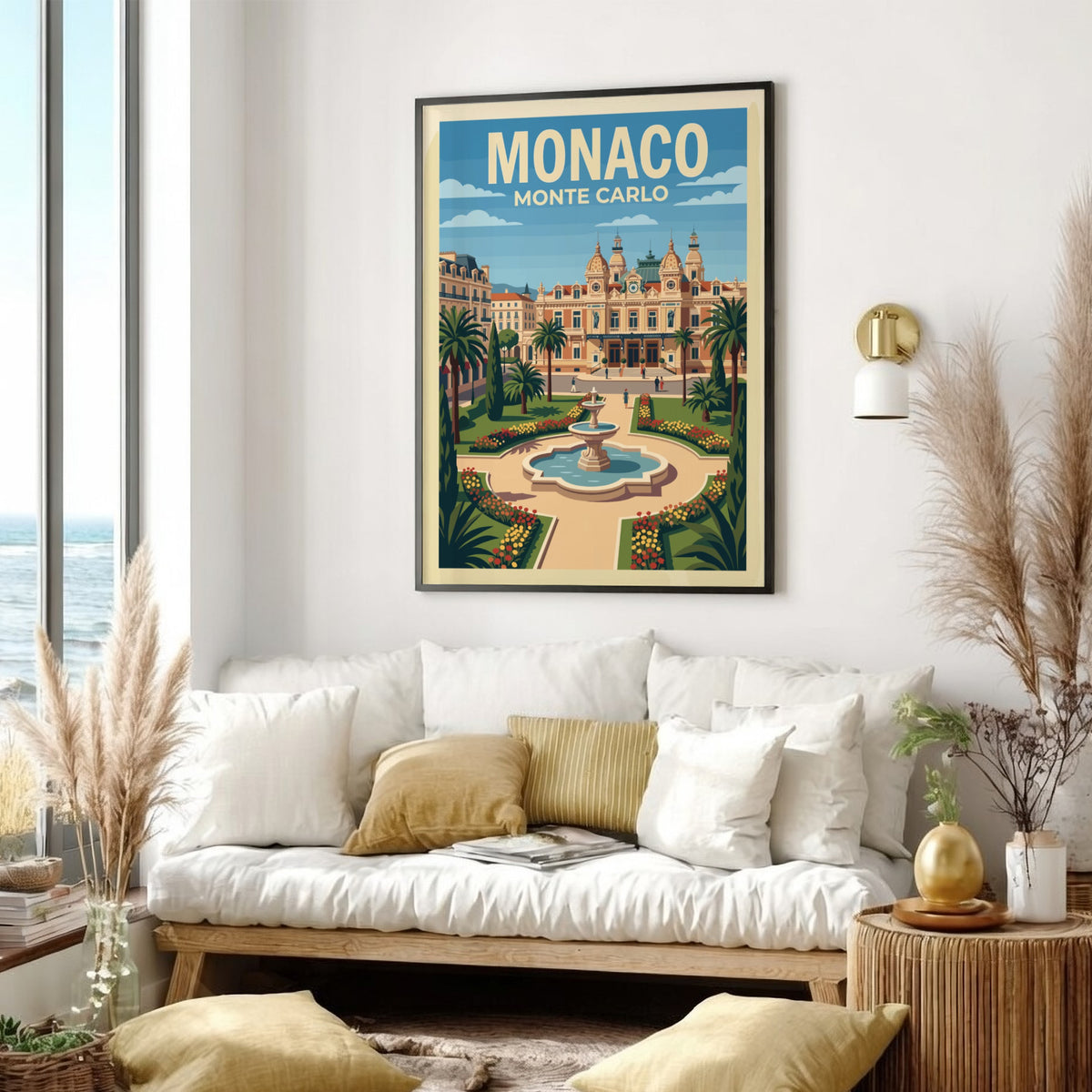 Monaco Monte Carlo travel poster featuring the iconic casino building, fountain, and palms.
