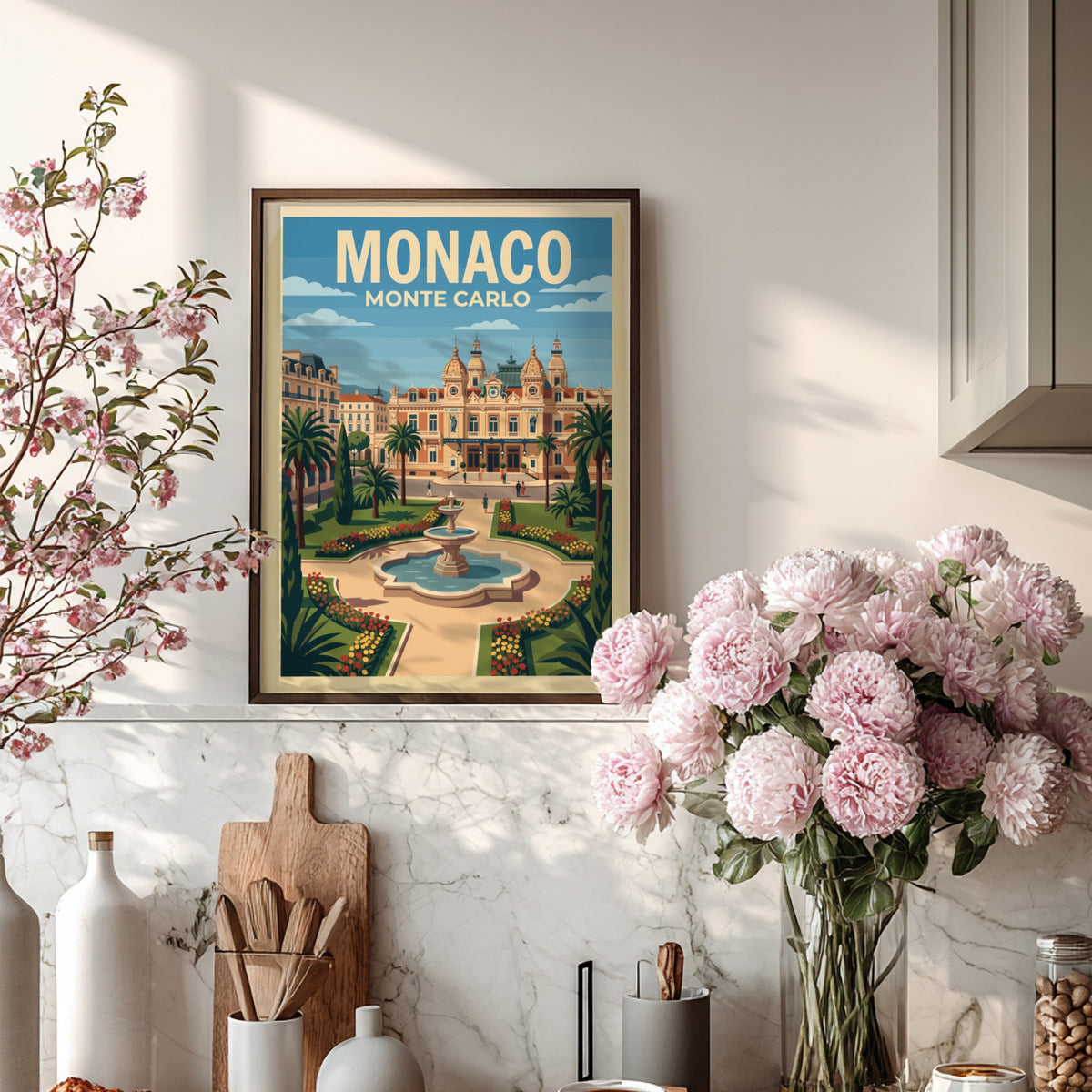 Monaco Monte Carlo travel poster featuring the iconic casino building, fountain, and palms.