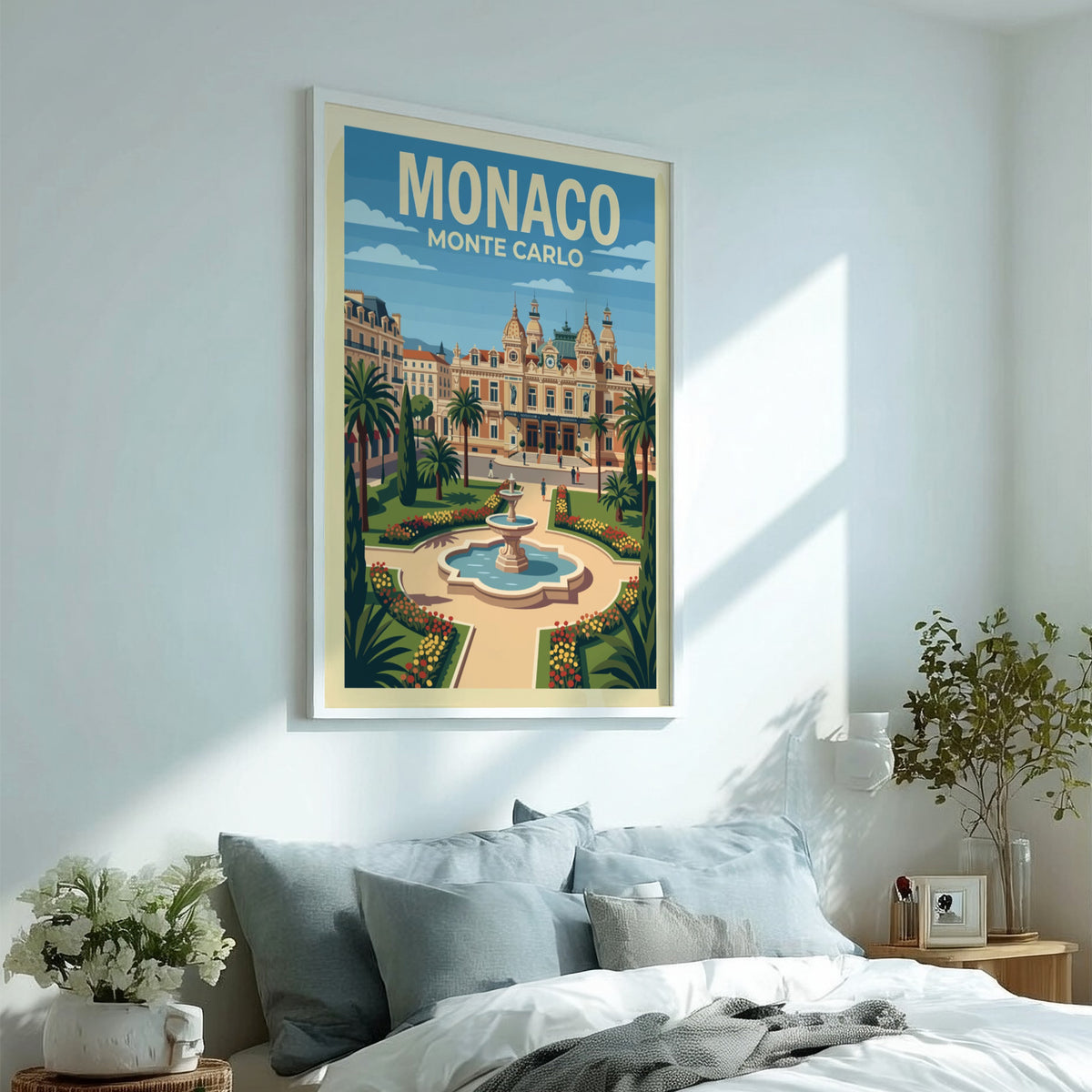 Monaco Monte Carlo travel poster featuring the iconic casino building, fountain, and palms.