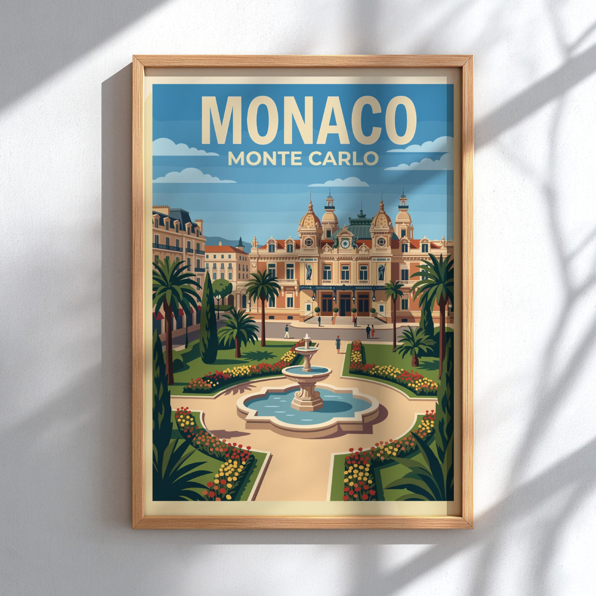 Monaco Monte Carlo travel poster featuring the iconic casino building, fountain, and palms.