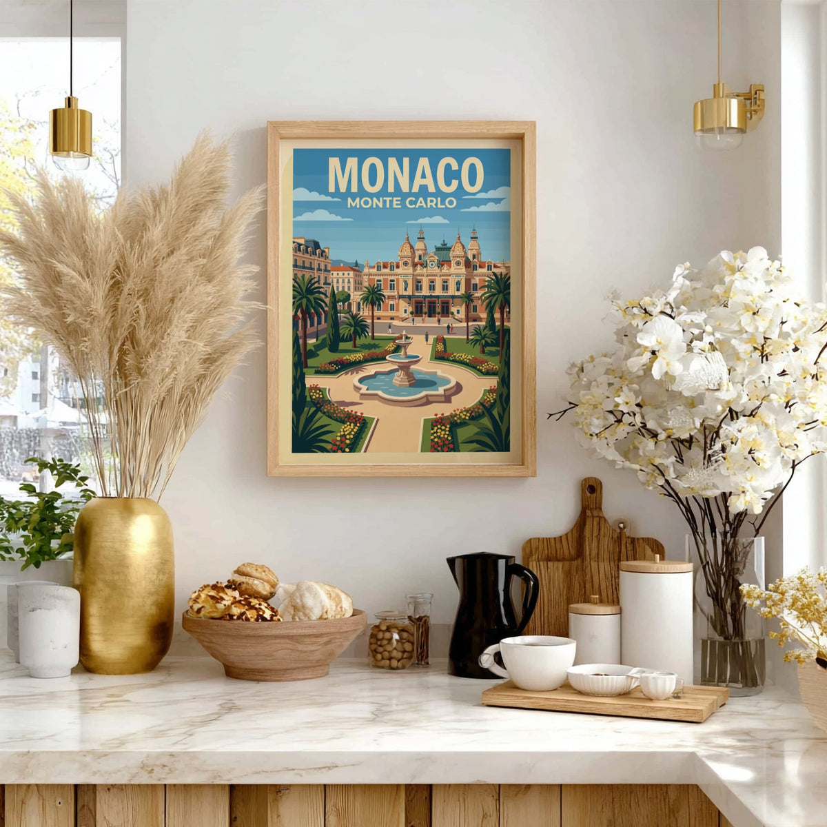Monaco Monte Carlo travel poster featuring the iconic casino building, fountain, and palms.