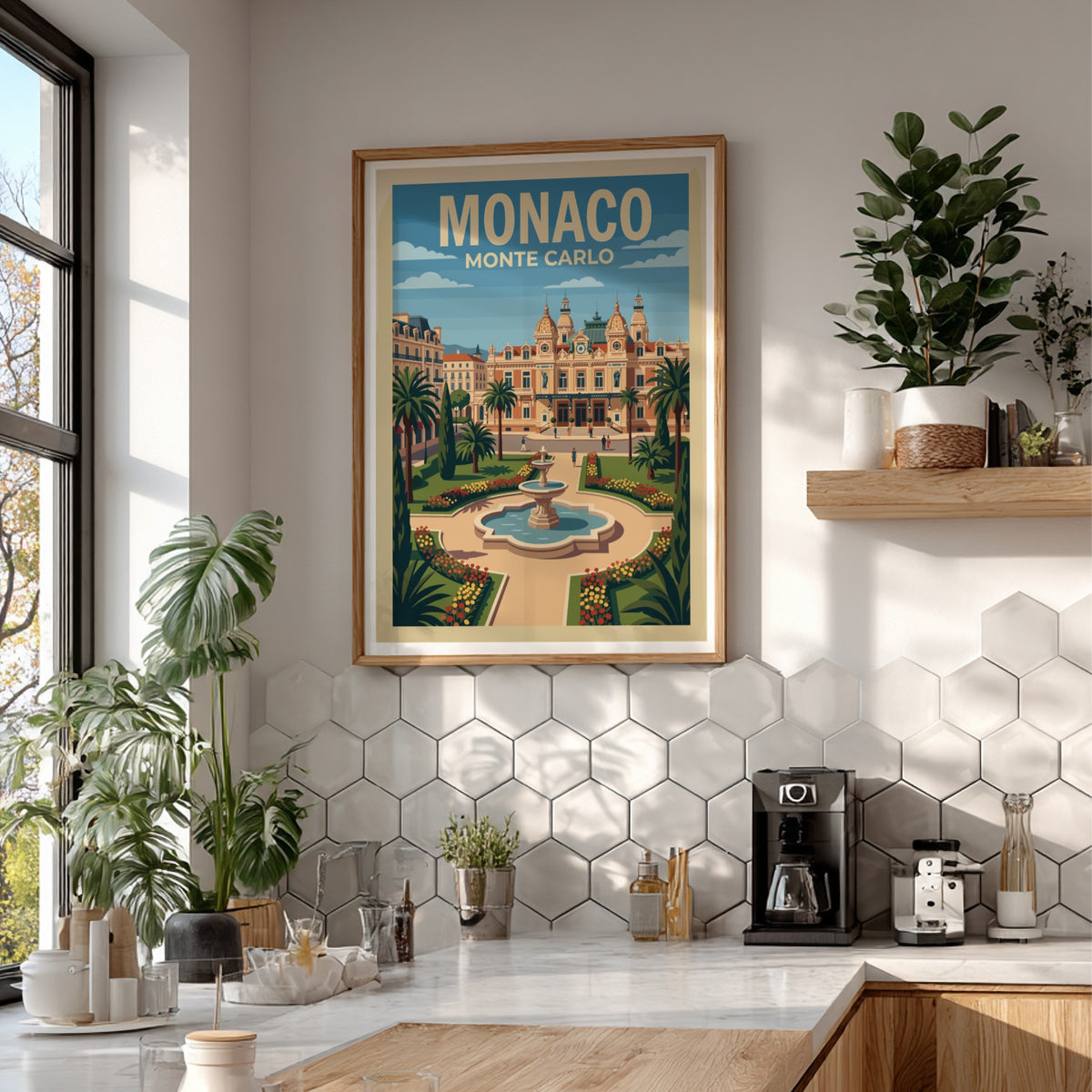 Monaco Monte Carlo travel poster featuring the iconic casino building, fountain, and palms.