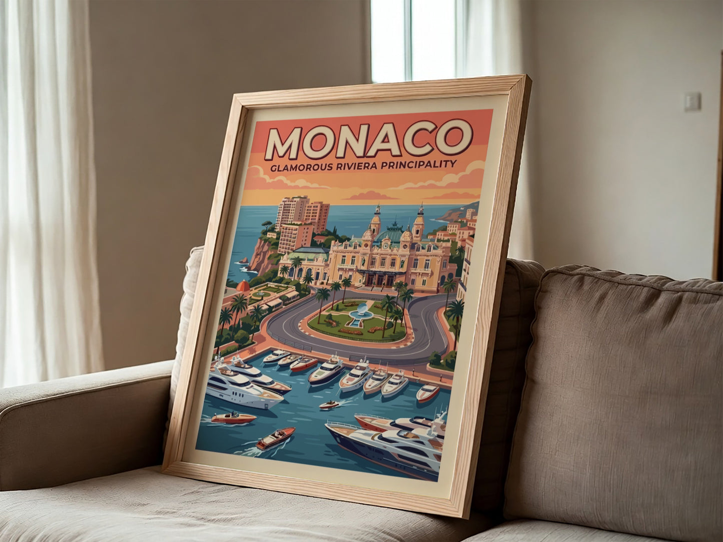Travel poster of Monaco featuring the casino, luxury yachts, and warm sunset skies.