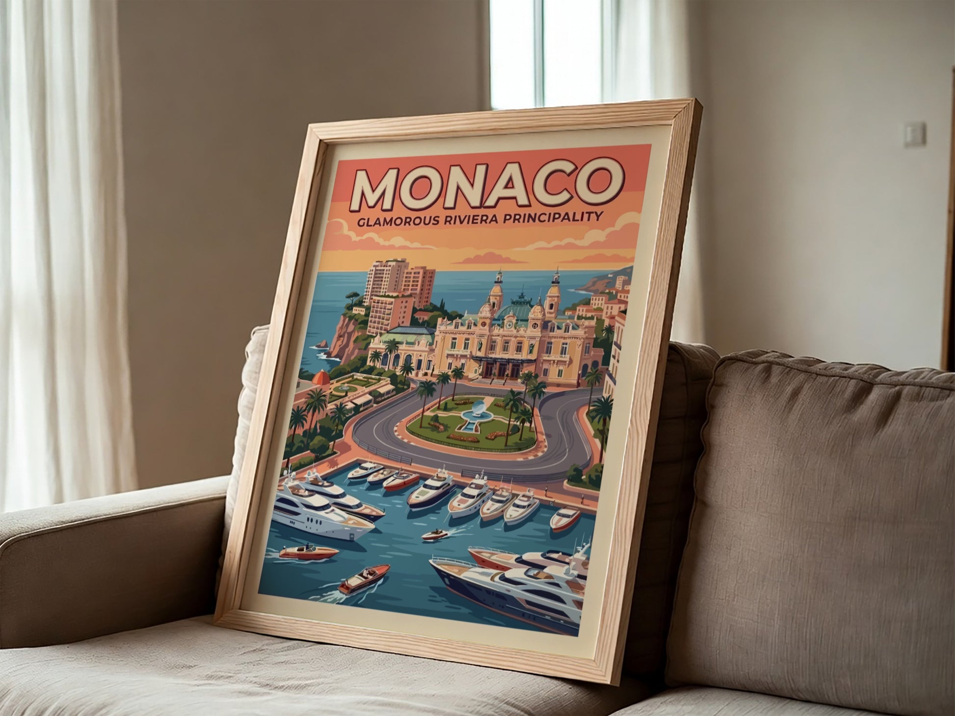 Travel poster of Monaco featuring the casino, luxury yachts, and warm sunset skies.