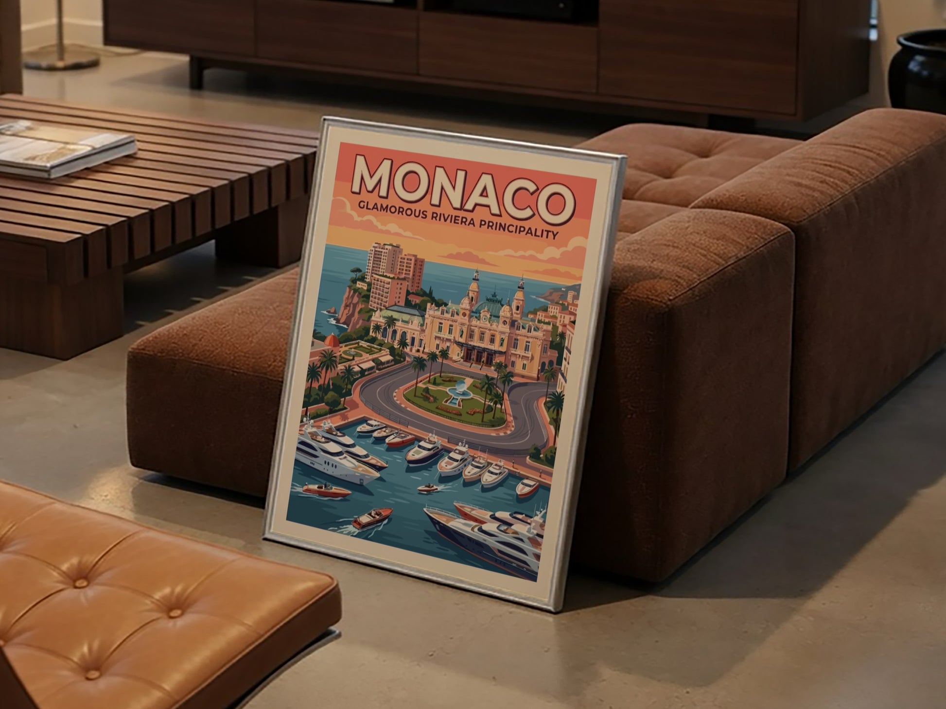 Travel poster of Monaco featuring the casino, luxury yachts, and warm sunset skies.