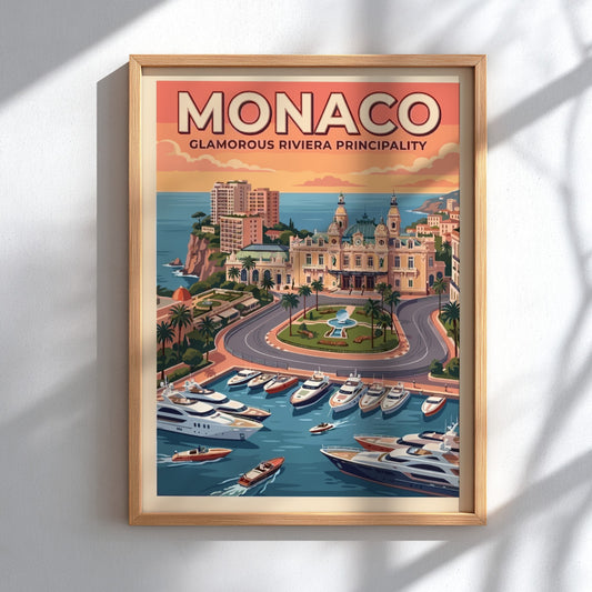 Travel poster of Monaco featuring the casino, luxury yachts, and warm sunset skies.