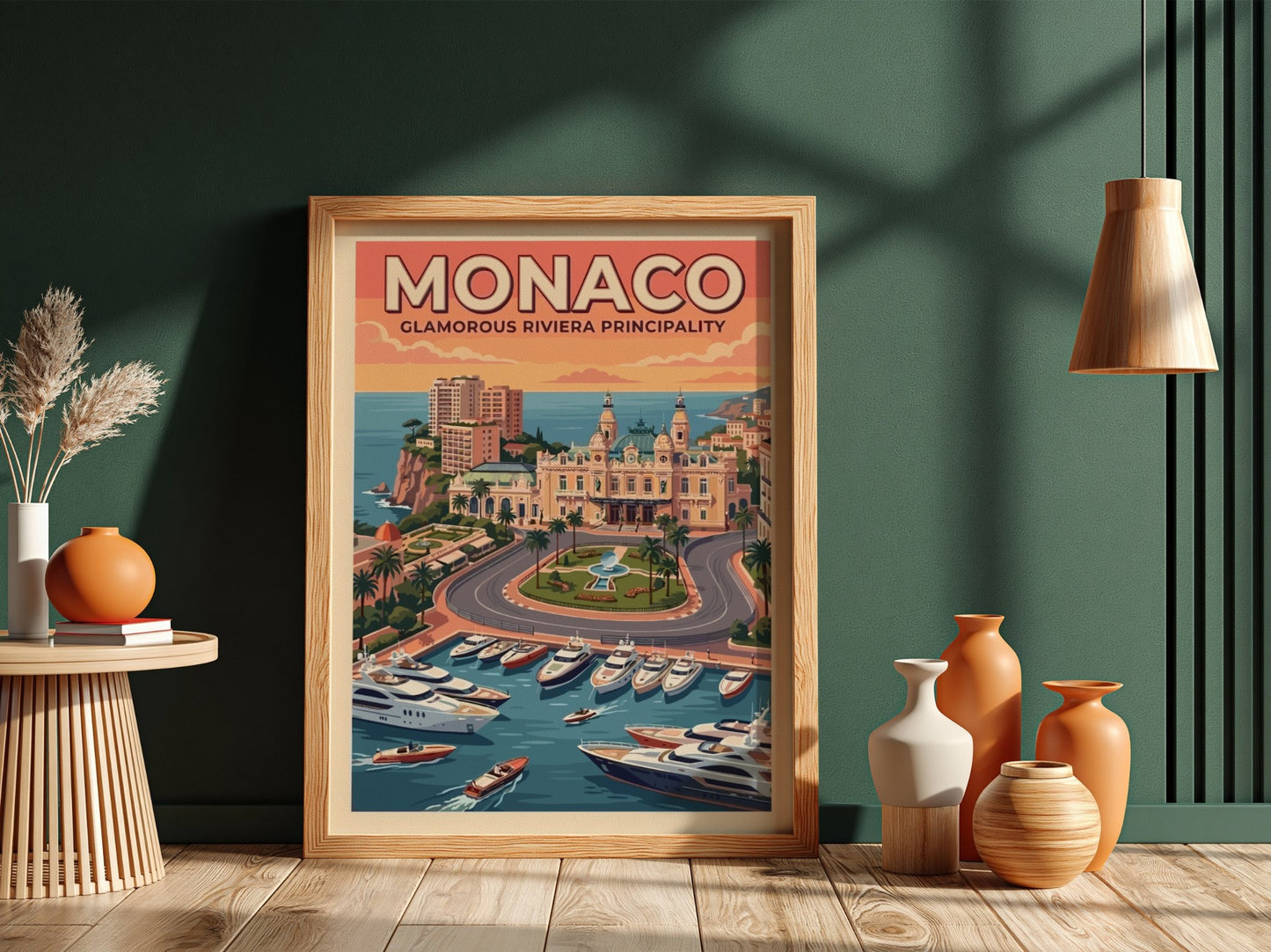Travel poster of Monaco featuring the casino, luxury yachts, and warm sunset skies.