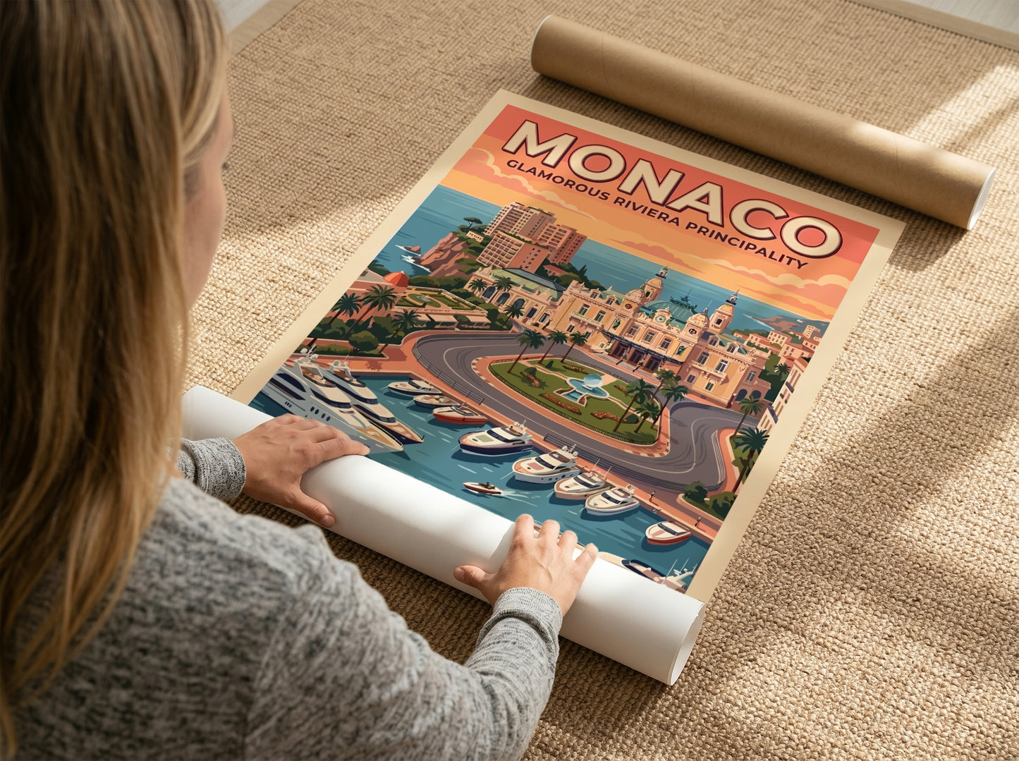 Travel poster of Monaco featuring the casino, luxury yachts, and warm sunset skies.