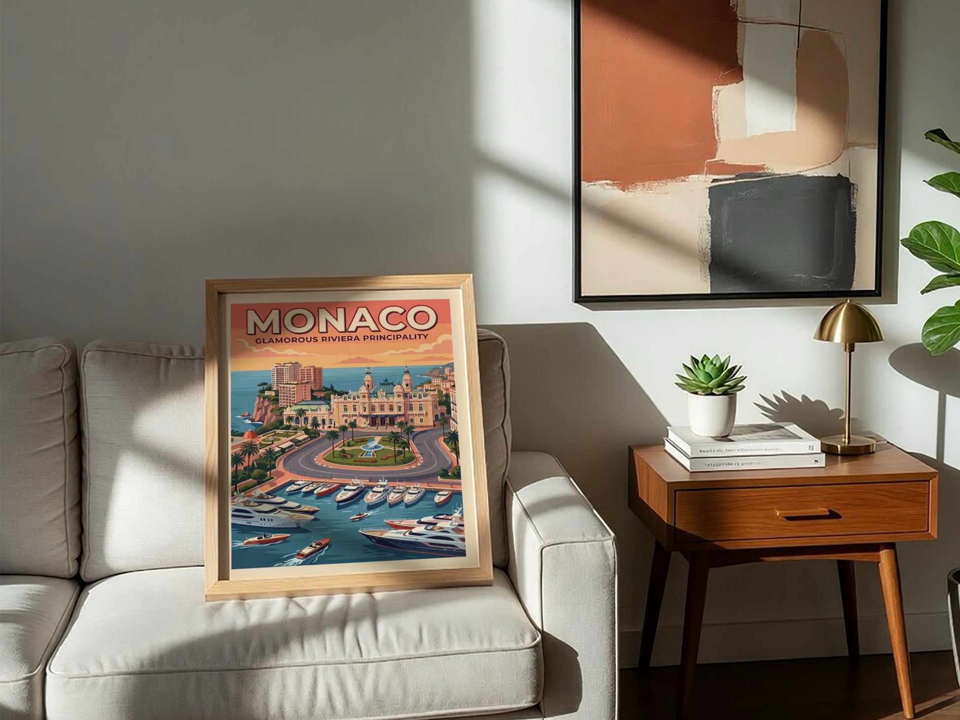 Travel poster of Monaco featuring the casino, luxury yachts, and warm sunset skies.