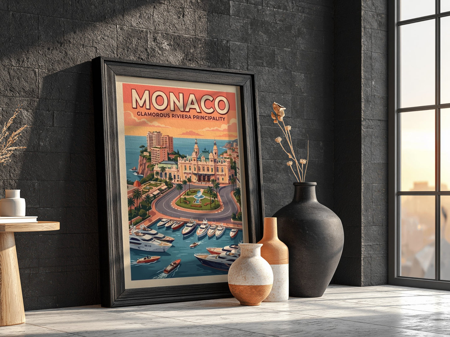 Travel poster of Monaco featuring the casino, luxury yachts, and warm sunset skies.