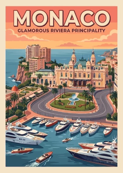 Travel poster of Monaco featuring the casino, luxury yachts, and warm sunset skies.