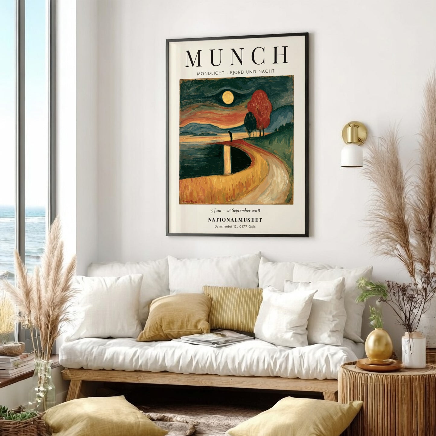 Edvard Munch poster featuring Mondlicht - Fjord und Nacht with moonlit fjord scene in deep blues and warm