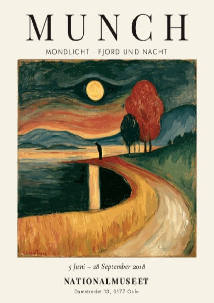 Edvard Munch poster featuring Mondlicht - Fjord und Nacht with moonlit fjord scene in deep blues and warm