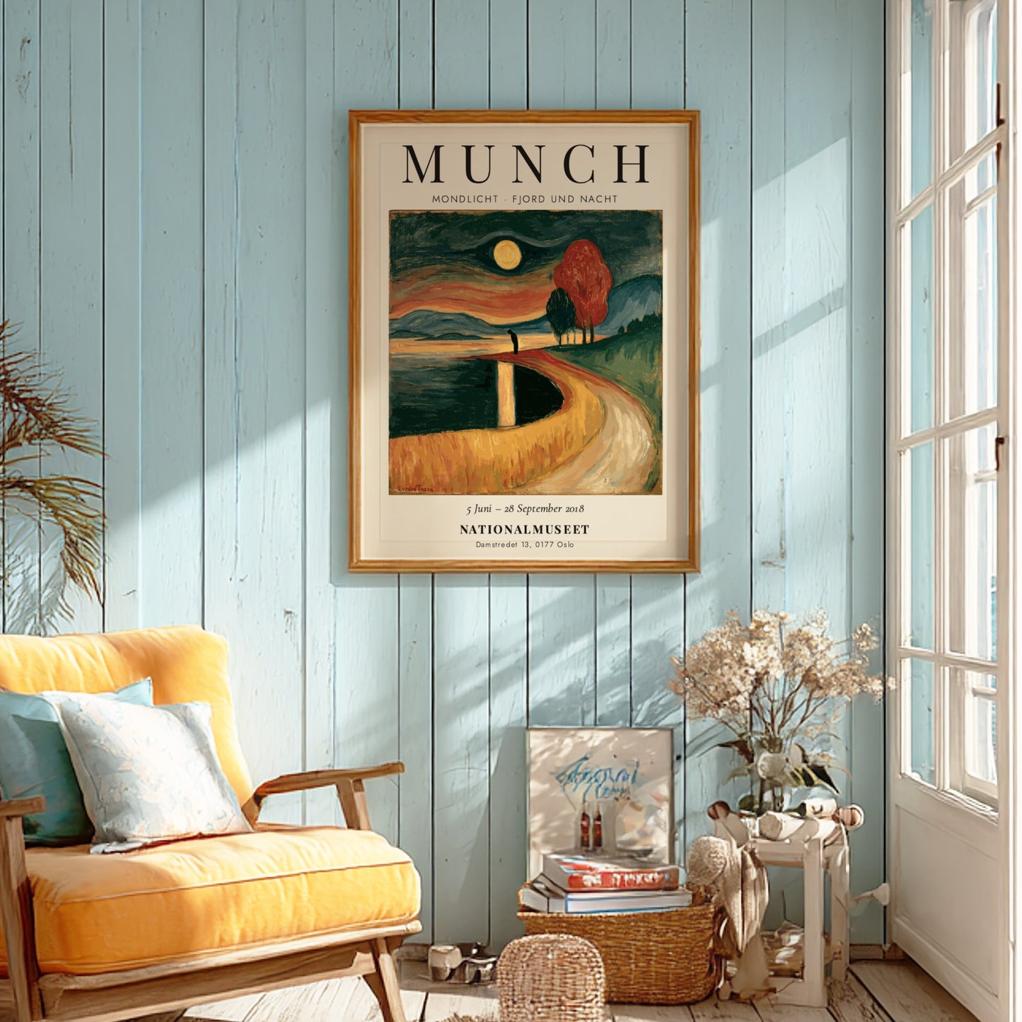 Edvard Munch poster featuring Mondlicht - Fjord und Nacht with moonlit fjord scene in deep blues and warm