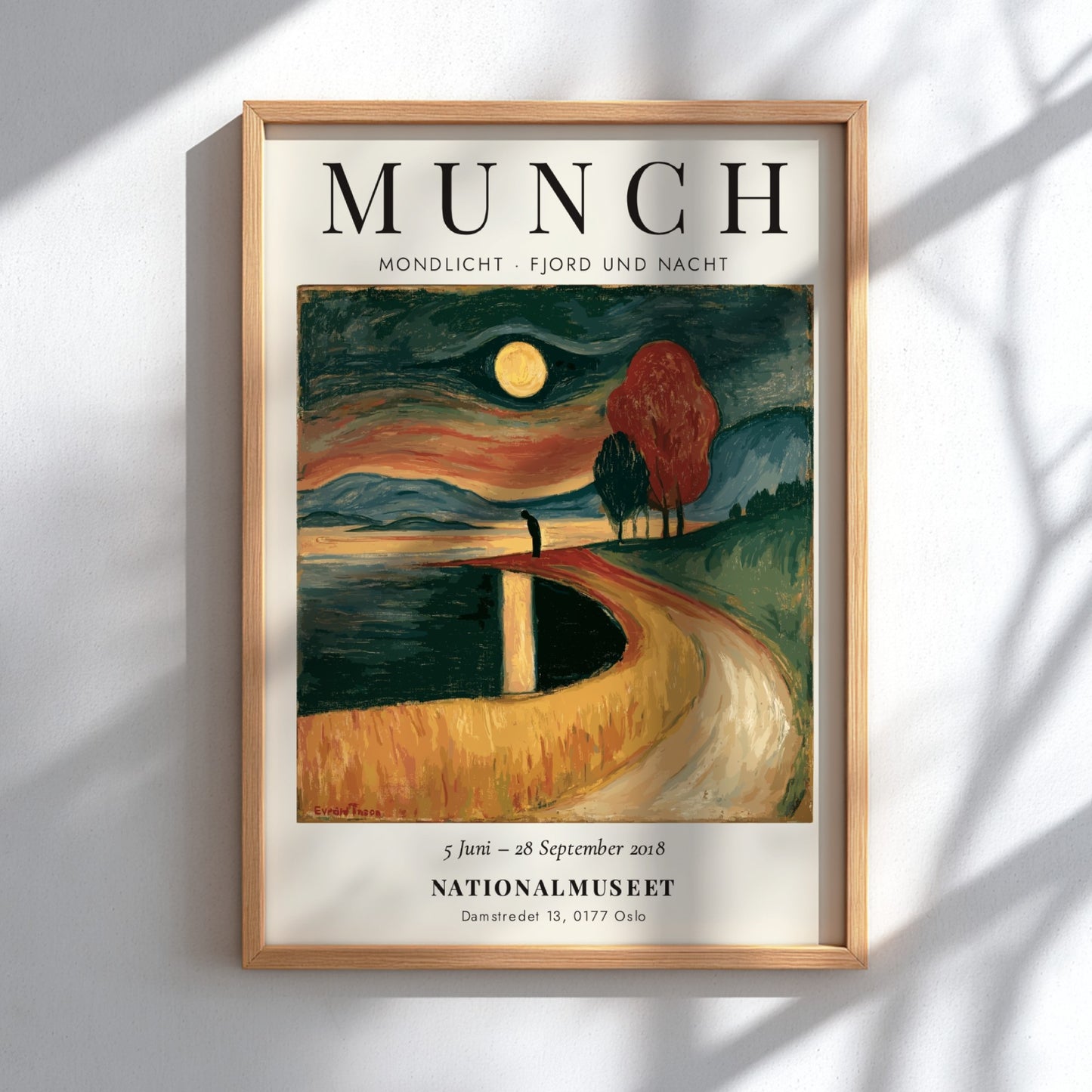 Edvard Munch poster featuring Mondlicht - Fjord und Nacht with moonlit fjord scene in deep blues and warm
