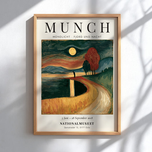 Edvard Munch poster featuring Mondlicht - Fjord und Nacht with moonlit fjord scene in deep blues and warm