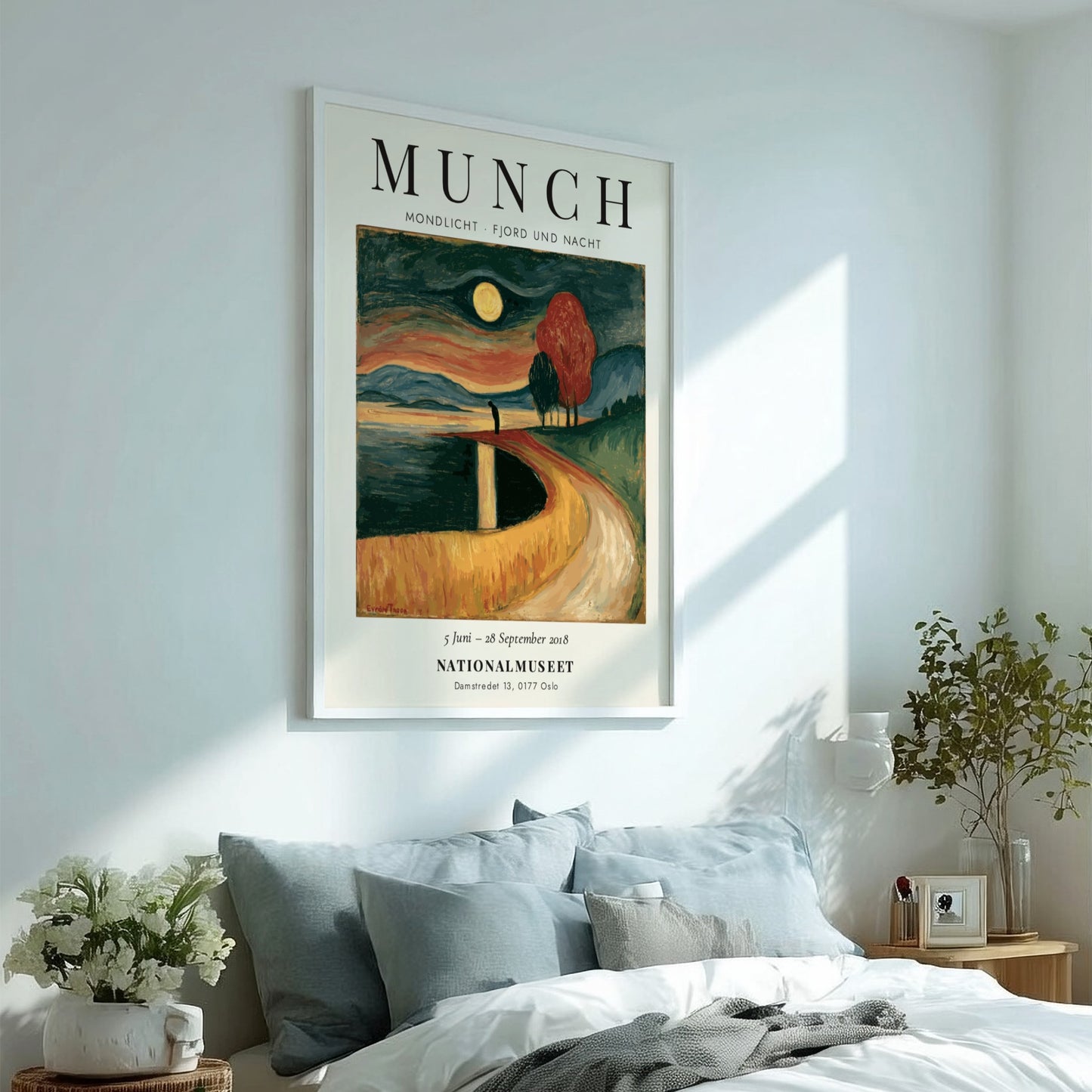 Edvard Munch poster featuring Mondlicht - Fjord und Nacht with moonlit fjord scene in deep blues and warm