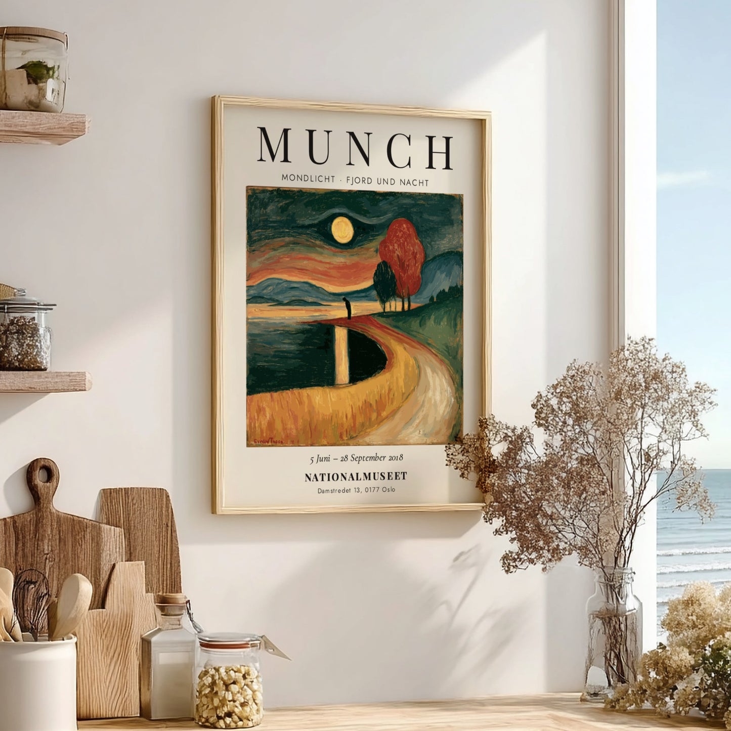 Edvard Munch poster featuring Mondlicht - Fjord und Nacht with moonlit fjord scene in deep blues and warm
