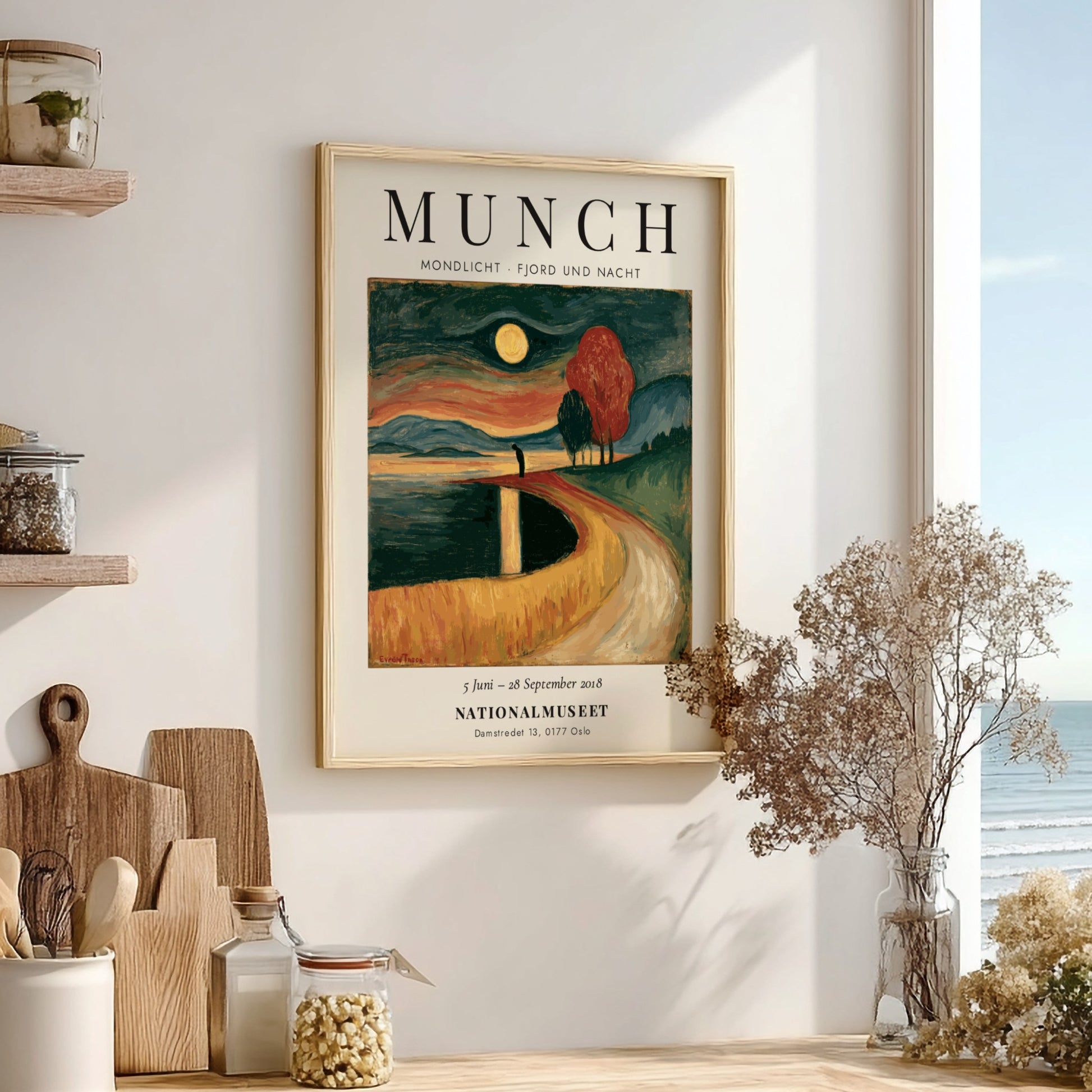 Edvard Munch poster featuring Mondlicht - Fjord und Nacht with moonlit fjord scene in deep blues and warm