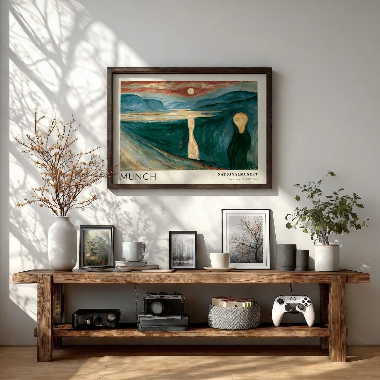 Munch Nationalmuseet exhibition poster featuring a dark fjord landscape under an orange moon.