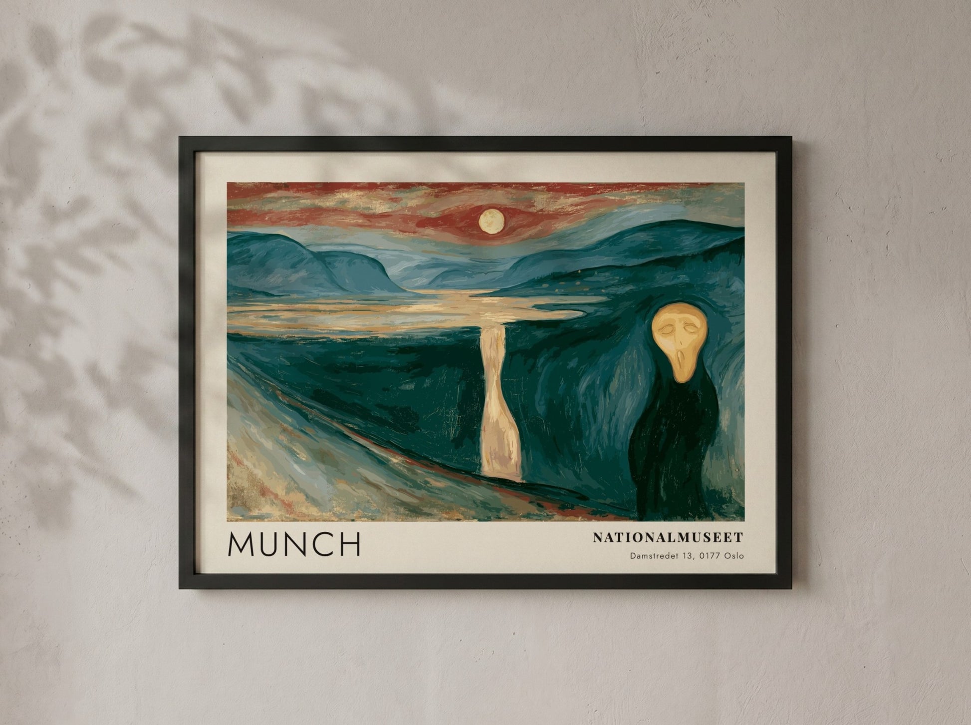 Munch Nationalmuseet exhibition poster featuring a dark fjord landscape under an orange moon.
