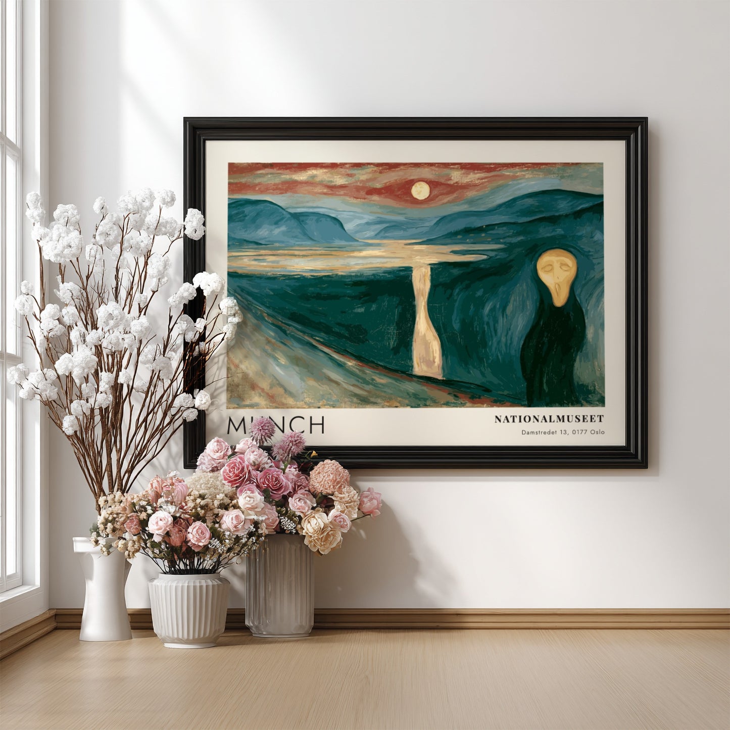 Munch Nationalmuseet exhibition poster featuring a dark fjord landscape under an orange moon.