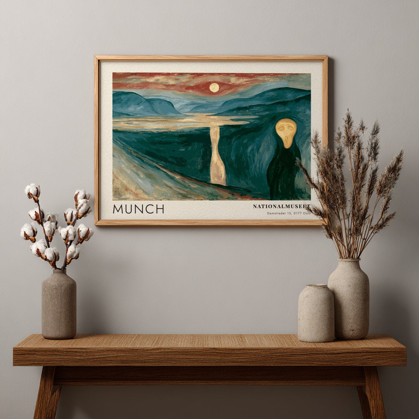 Munch Nationalmuseet exhibition poster featuring a dark fjord landscape under an orange moon.