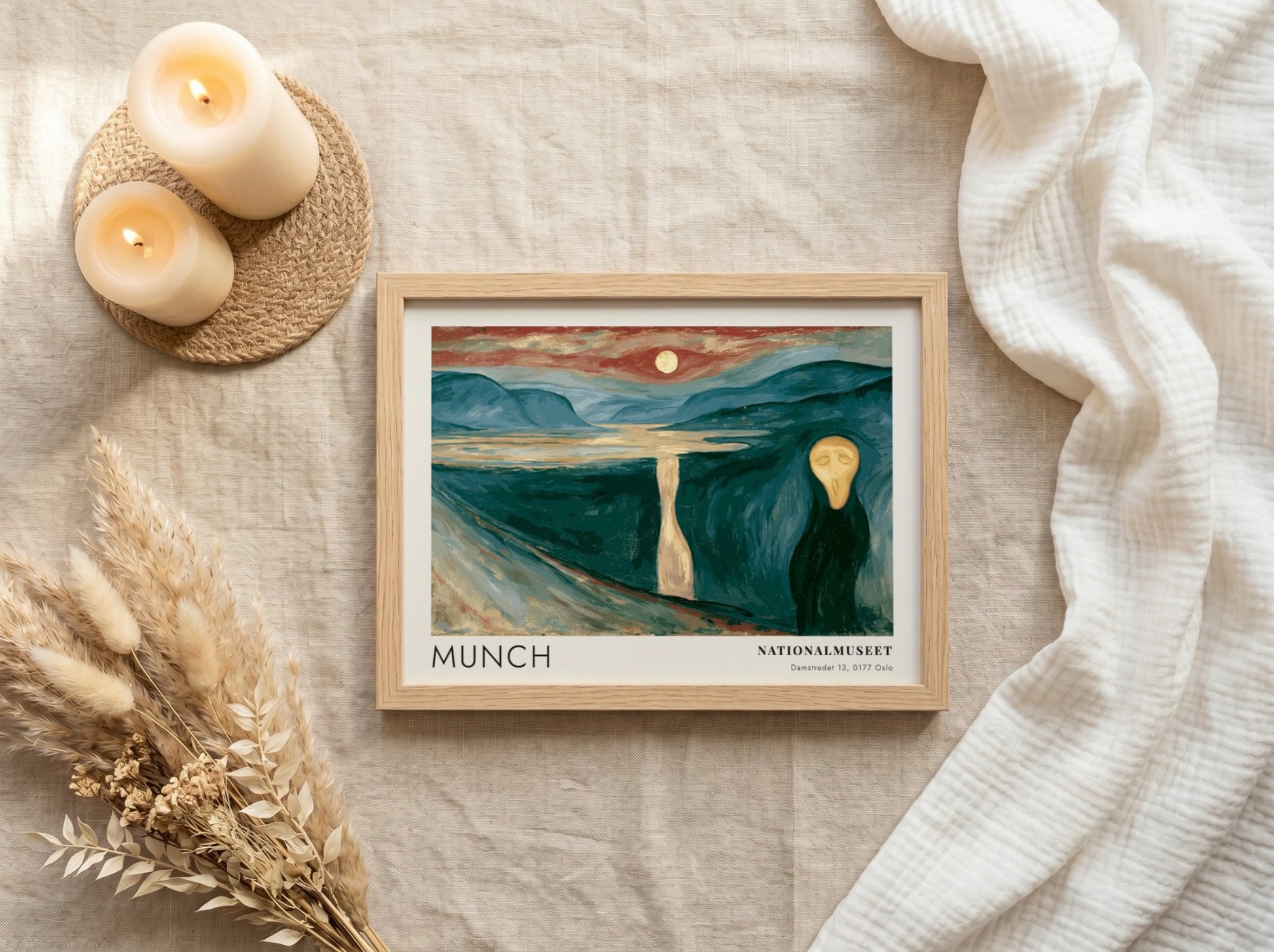 Munch Nationalmuseet exhibition poster featuring a dark fjord landscape under an orange moon.