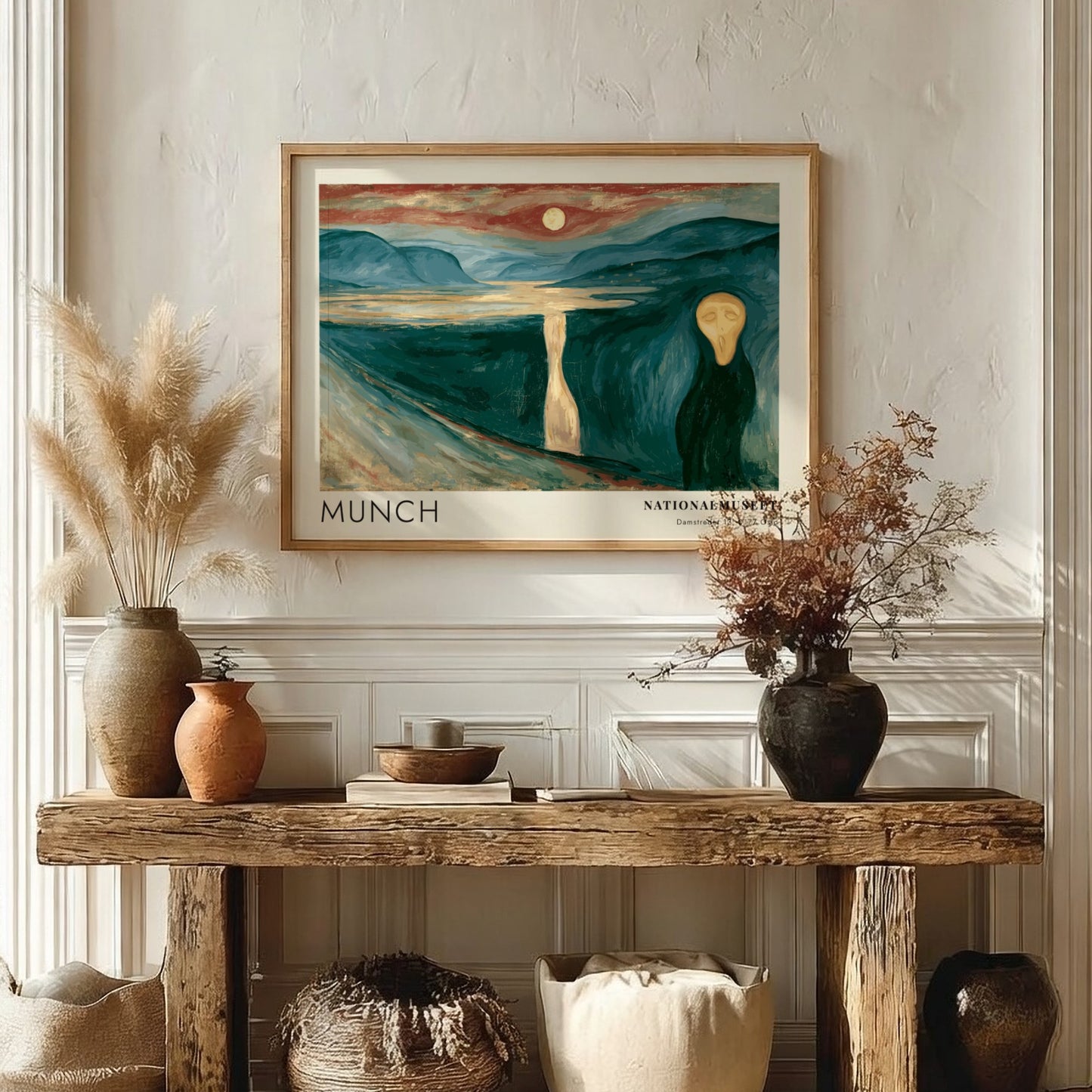 Munch Nationalmuseet exhibition poster featuring a dark fjord landscape under an orange moon.