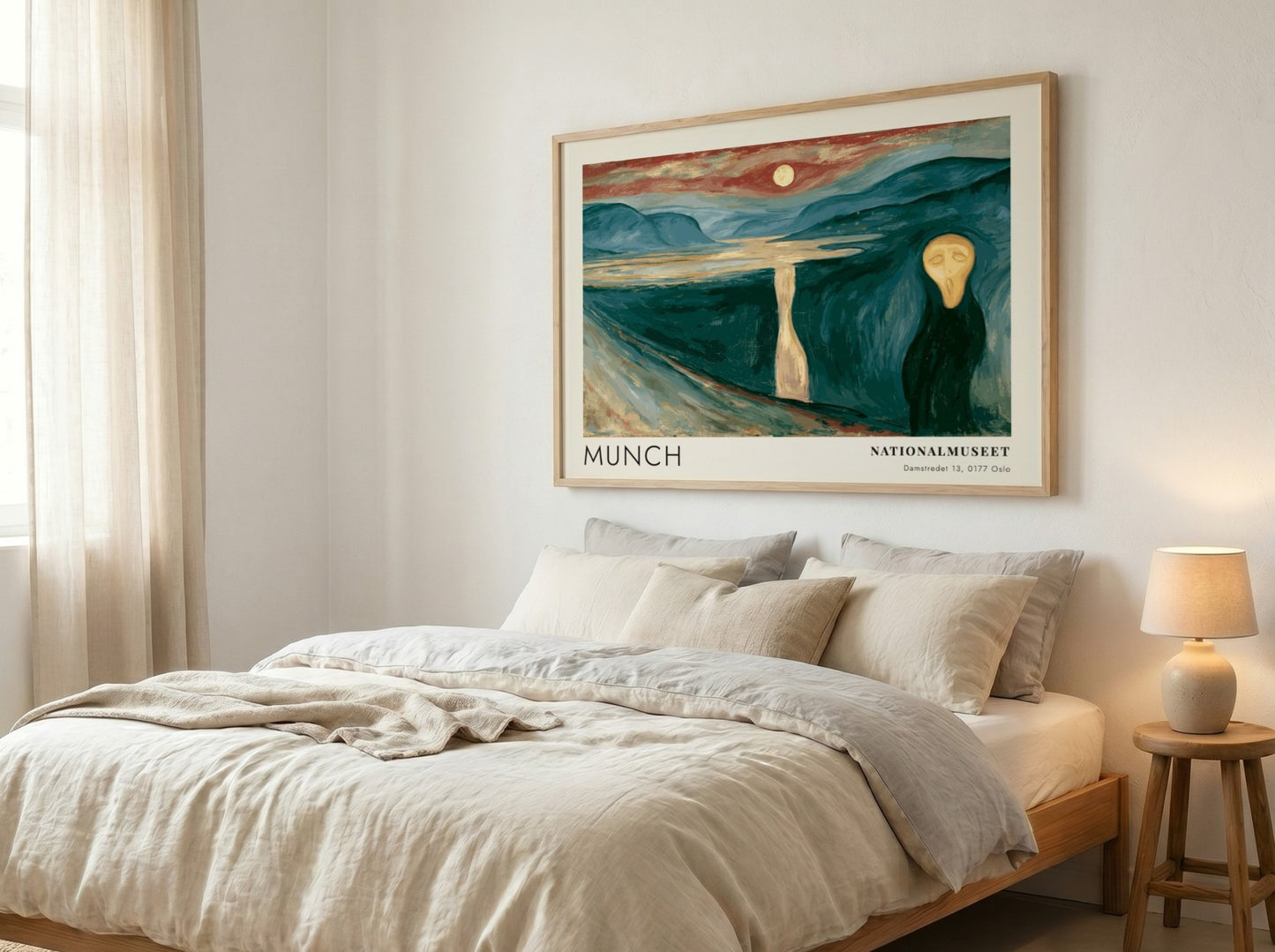 Munch Nationalmuseet exhibition poster featuring a dark fjord landscape under an orange moon.