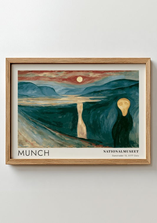 Munch Nationalmuseet exhibition poster featuring a dark fjord landscape under an orange moon.