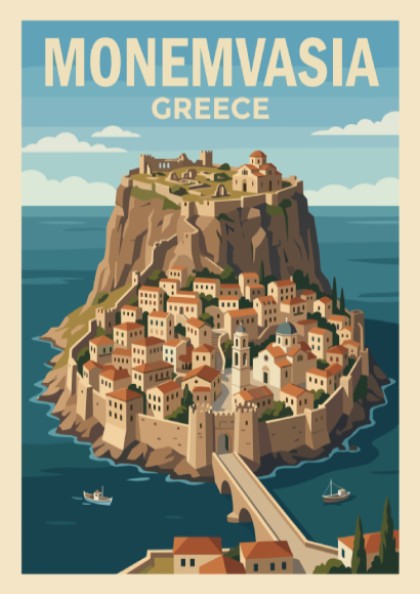 Poster of the fortified town of Monemvasia in Greece with stone buildings and bridge.