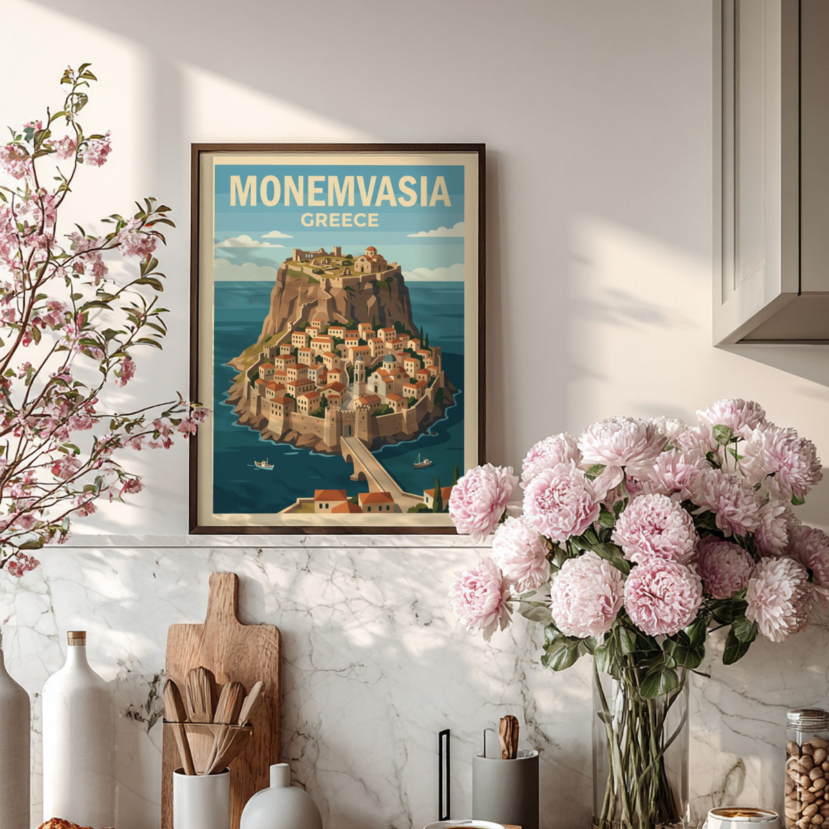 Poster of the fortified town of Monemvasia in Greece with stone buildings and bridge.