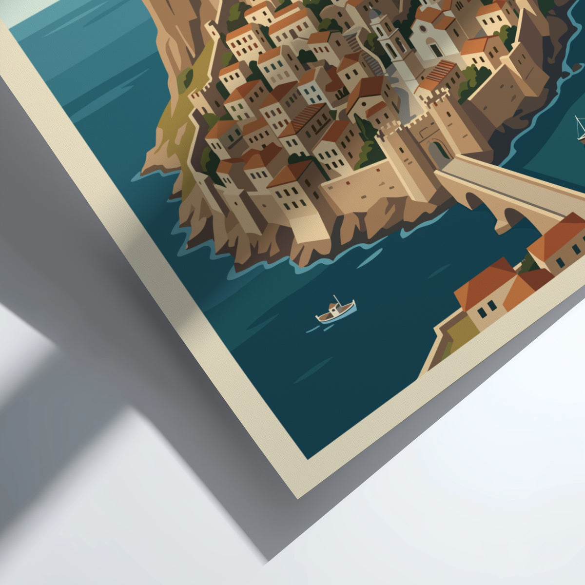 Poster of the fortified town of Monemvasia in Greece with stone buildings and bridge.