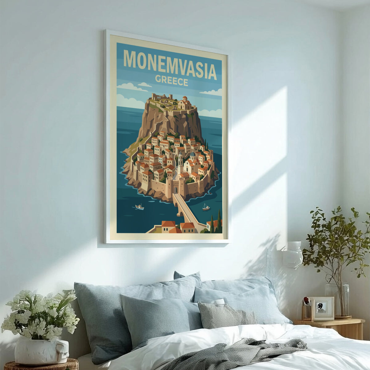 Poster of the fortified town of Monemvasia in Greece with stone buildings and bridge.