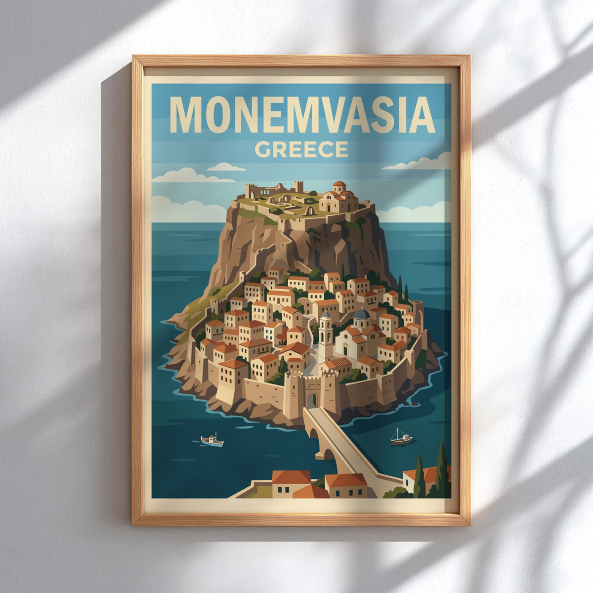 Poster of the fortified town of Monemvasia in Greece with stone buildings and bridge.