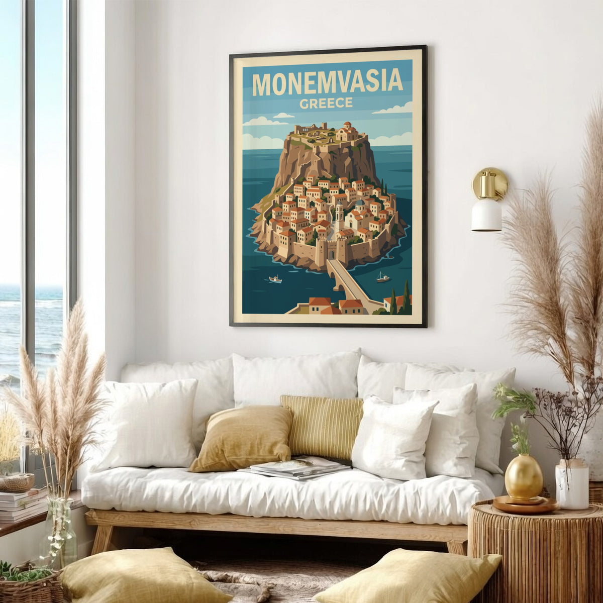 Poster of the fortified town of Monemvasia in Greece with stone buildings and bridge.